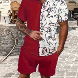 Abstract Painting Print, Men's 2Pcs Outfits, Casual Camp Collar Lapel Button Up Short Sleeve Shirts Hawaiian Shirt And Drawstring Shorts Set For Summer, Men's Clothing