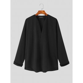 Men's Shirt Top V Neck Loose Long Sleeve Closure Male Casual Shirt For Men Daily Vacation Streetwear