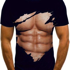 Muscle 3D Creative Print, Men's Fashion Crew Neck Summer T-shirt, Special Gift For Men