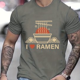 Ramen Lover Pattern Print Men's Comfy Slightly Stretch T-shirt, Graphic Tee Men's Summer Clothes, Men's Casual Outfits For Sports Fitness