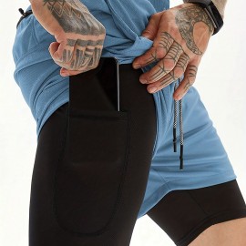 2-in-1 Double Layer Shorts With Inner Pocket, Men's Mid Stretch Sports Shorts For Summer Gym Workout Training