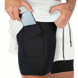 2-in-1 Double Layer Shorts With Inner Pocket, Men's Mid Stretch Sports Shorts For Summer Gym Workout Training