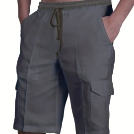 Classic Design Cotton Cargo Shorts, Men's Casual Multi Pocket Waist Drawstring Cargo Shorts For Summer Outdoor