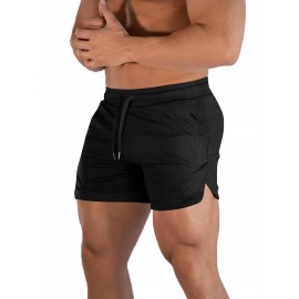 Men's Breathable Solid Shorts With Pockets, Summer Drawstring Elastic Waist Shorts For Running, Fitness, Training