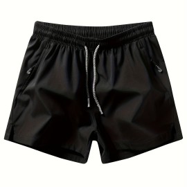 Men's Zipper Pockets Active Shorts, Casual Waist Drawstring Quick Drying Shorts