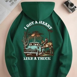 I Got A Heart Like A Truck Cowboy Riding Horse Print Men's Cool Streetwear Hoodies, Casual Loose Hooded Pullover With Kangaroo Pockets, Crew Neck Sweatshirt For Men For Fall And Winter, As Gifts