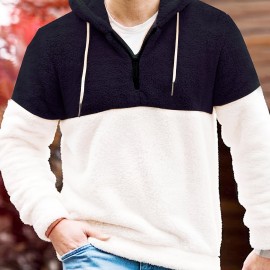 Cool Fluffy Thermal Hoodies For Men, Men's Casual Color Block Polar Fleece Pullover Hooded Sweatshirt With Kangaroo Pocket Streetwear For Winter Fall, As Gifts