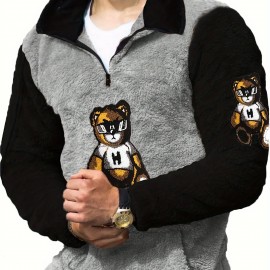 Men's Color Block Fuzzy Bear Pattern Sweatshirt, Half Zip Stand Collar Warm Pullover For Autumn Winter